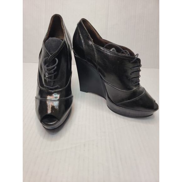 MARNI ITALY peep-toe lace-up patent leather brogue wedge platform booties 41 - Picture 5 of 10